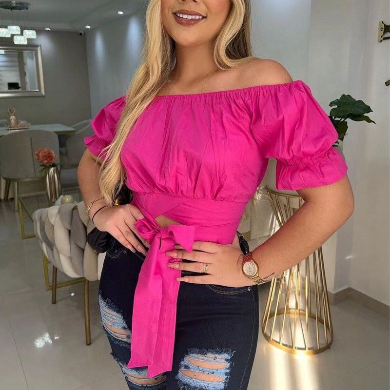 Women Fashion Solid Color Off-Shoulder Puff Sleeve Cropped Blouse
