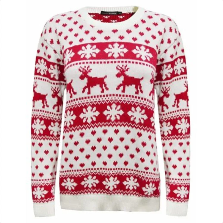 Women Winter Casual Christmas Snowflake Pattern Round Neck Long Sleeve Knitted Sweater