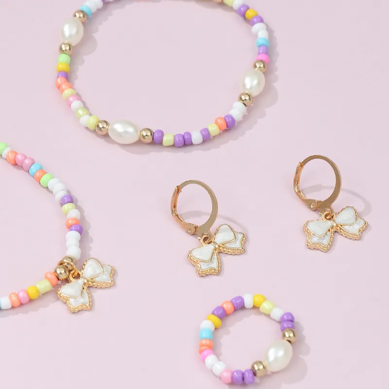 (Buy 1 Get 2) Children Kids Baby Fashion Girls Bowknot Pearl Bead Necklace Bracelet Earrings Ring Set