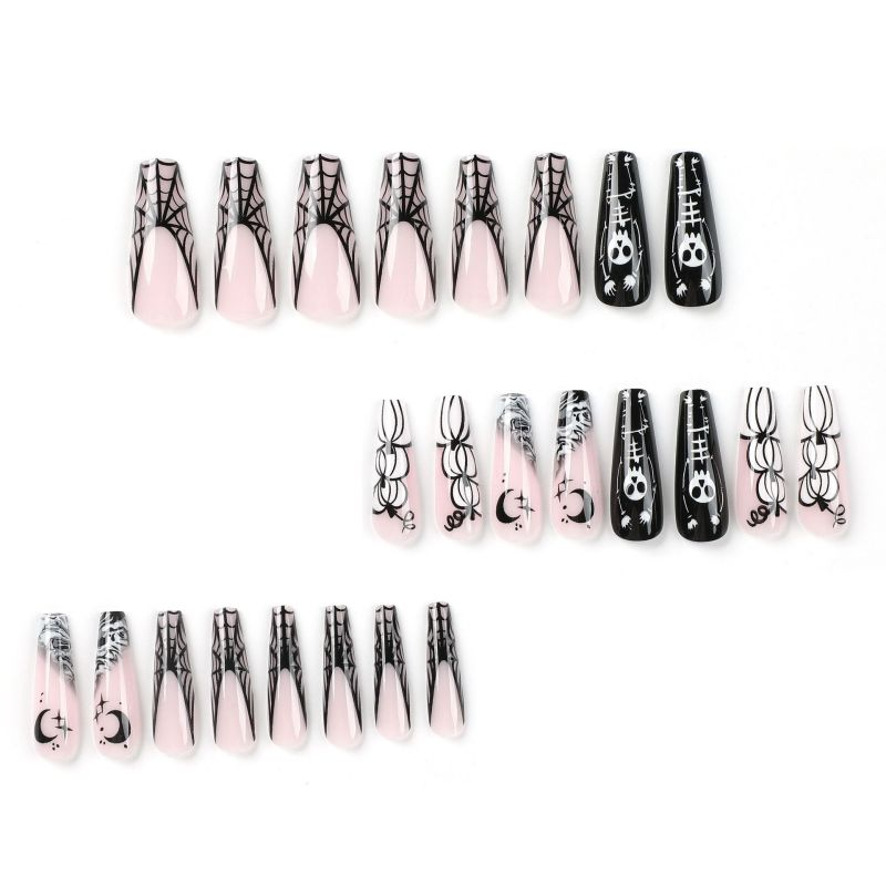 ( Buy 1 Get 2 ) Women Fashion Halloween Cobweb White Skull Pumpkin Star Moon False Nails