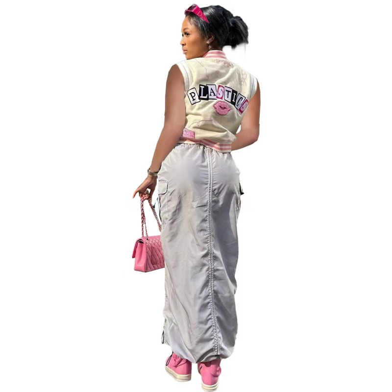 Women Fashion Lip Letter Print Baseball Jacket Sleeveless Coat