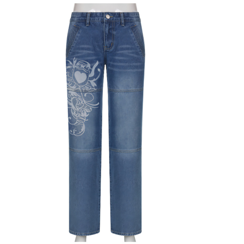 Women Fashion Heart Printed Loose Wide Leg Jeans