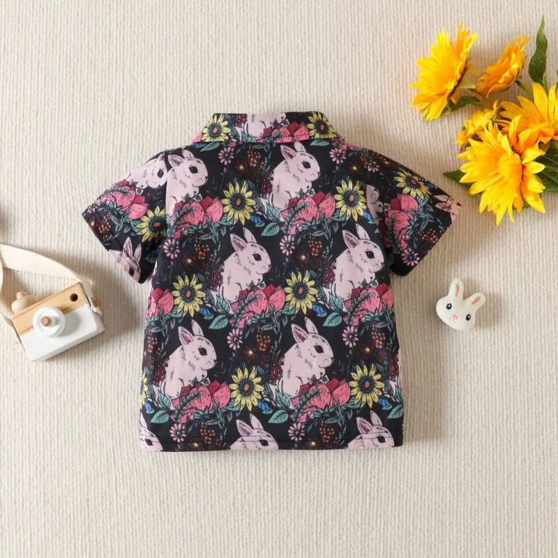 Kids Toddler Boys Casual Cute Easter Cartoon Bunny Print Short Sleeve Lapel Shirt