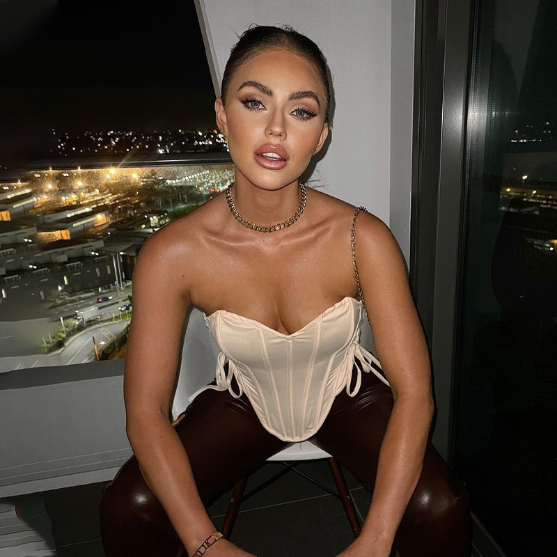 Women Fashion Sexy Solid Color Triangle Hem Side Lace-Up Bandage Corset Tube Top