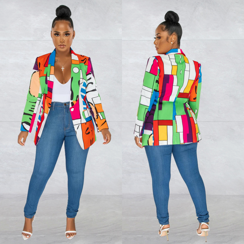 Women Fashion Printing Lapel V-Neck Long-Sleeved Blazer