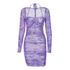 Women Fashion Sexy Mesh Printing Long Sleeve Creased Dress