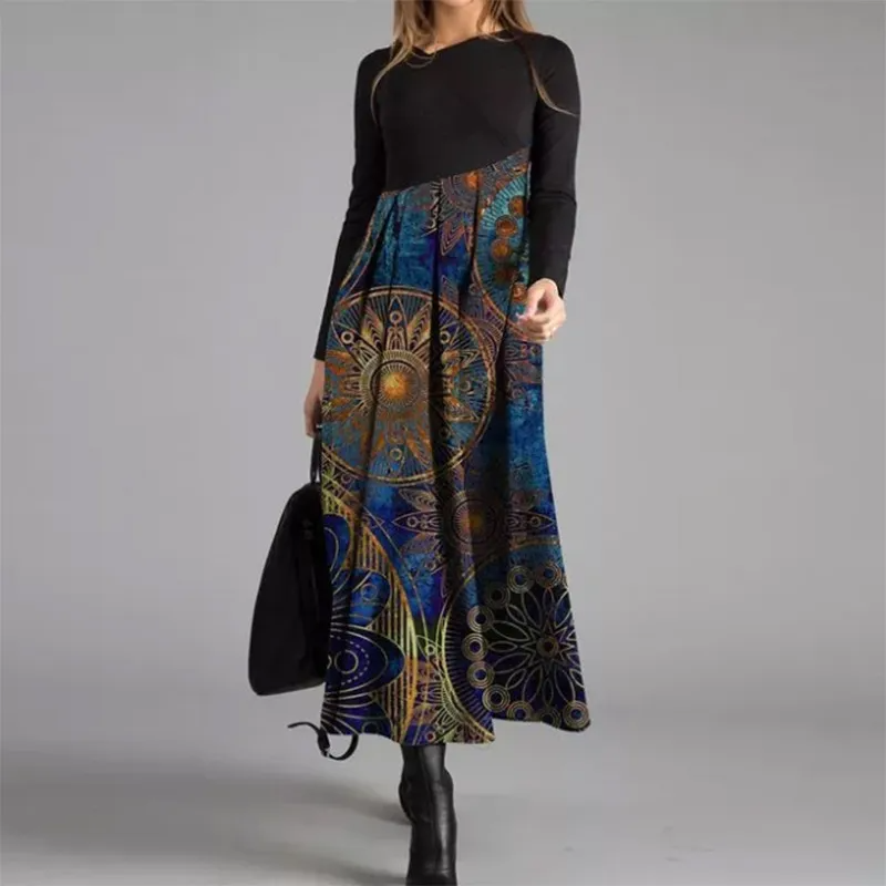 Women Ramadan /Eid Fashion Casual Print Round Neck Long Sleeve Maxi Dress