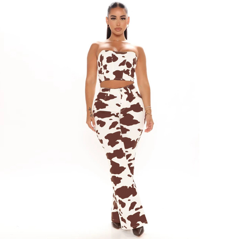 Women'S Fashion Cow Printing Denim Flare Pants