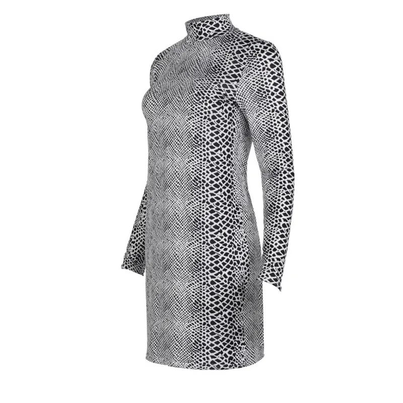 Turtleneck Long-Sleeve Animal Print Bodycon Dress