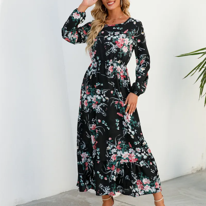 Women Ramadan /Eid Fashion Floral Chiffon Long Sleeve Maxi Dress