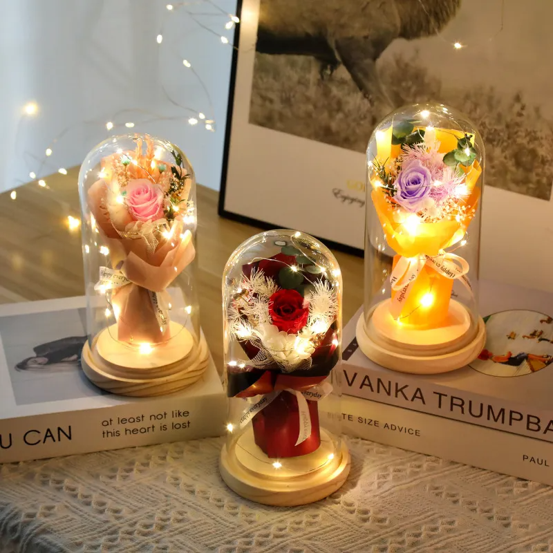 Valentine'S Day Eternal Flower Luminous Led Light Rose Flower Glass Cover Gift