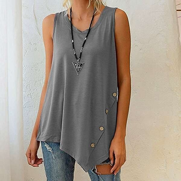 Ladies Solid Color Fashion Casual Sleeveless U-Neck Irregular Top Tank