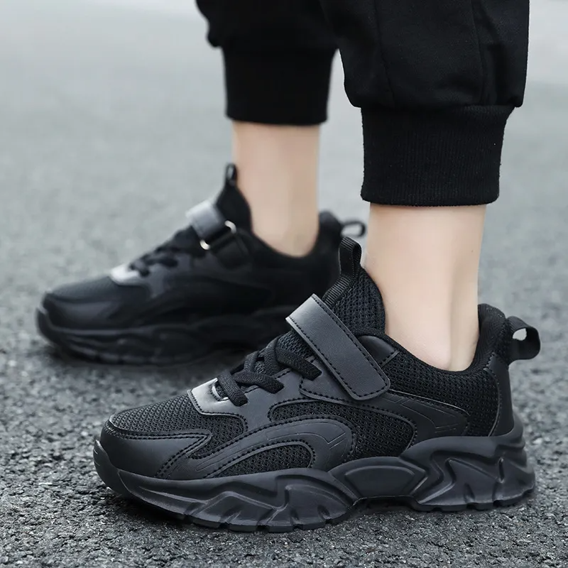 Kids Unisex Casual Solid Color Breathable Mesh Leather Preppy Lace-Up Velcro Sneakers