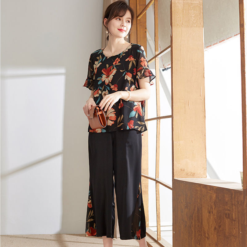 Women Summer Elegant Floral Short Sleeve Blouse And Loose Cropped Pants Office Chic Set