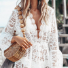 V-Neck White Lace See-Through Long-Sleeve Dress