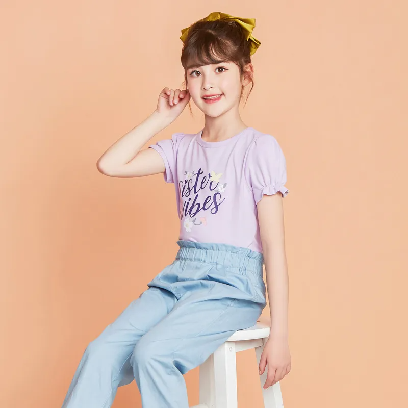 Children Kids Baby Fashion Girls Short Sleeve Flower Letter Print T-Shirt