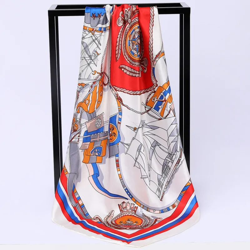 (Buy 1 Get 2) Women'S Fashion Sailboat Chain Silky Imitation Silk Large Square Scarf