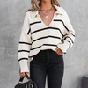 Winter Women Fashion Loose Stripe V-Neck Knitted Lel Neck Sweater