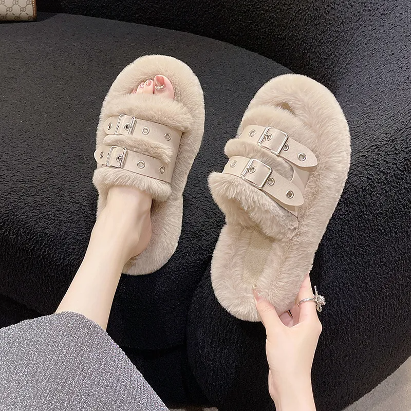 Autumn Winter Women Fashion Plus Size Belt Buckle Plush Warm Home Slippers