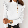 Women Casual Ruffled Long-Sleeved Solid Color Rib-Knit Knitted Top