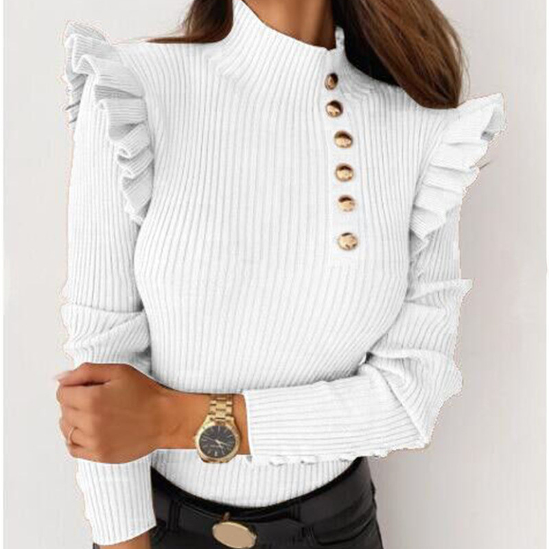 Women Casual Ruffled Long-Sleeved Solid Color Rib-Knit Knitted Top