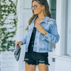 Women Fashion Street Style Ripped Tassel Washed Lapel Denim Jacket