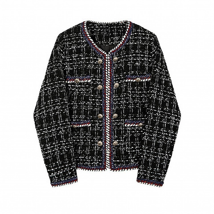 Women Chic Elegant Collarless Long Sleeve Tweed Blazer Coat