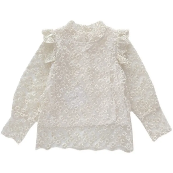 Girls Cute Slim Solid Color Flower Lace Lined Long-Sleeved Blouse