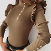 Women Casual Ruffled Long-Sleeved Solid Color Rib-Knit Knitted Top