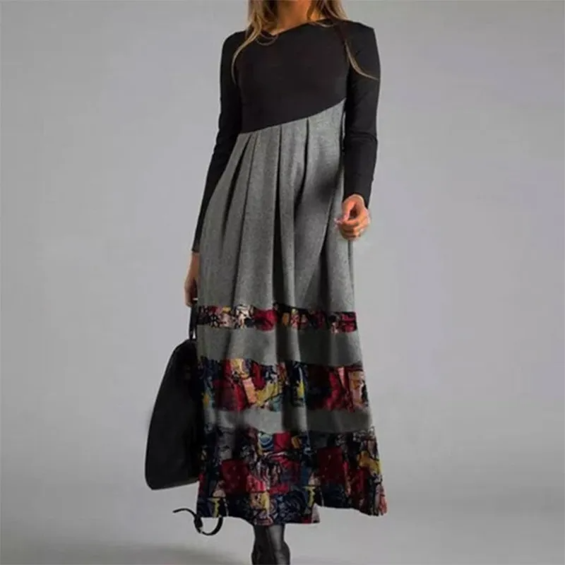 Women Ramadan /Eid Fashion Casual Print Round Neck Long Sleeve Maxi Dress