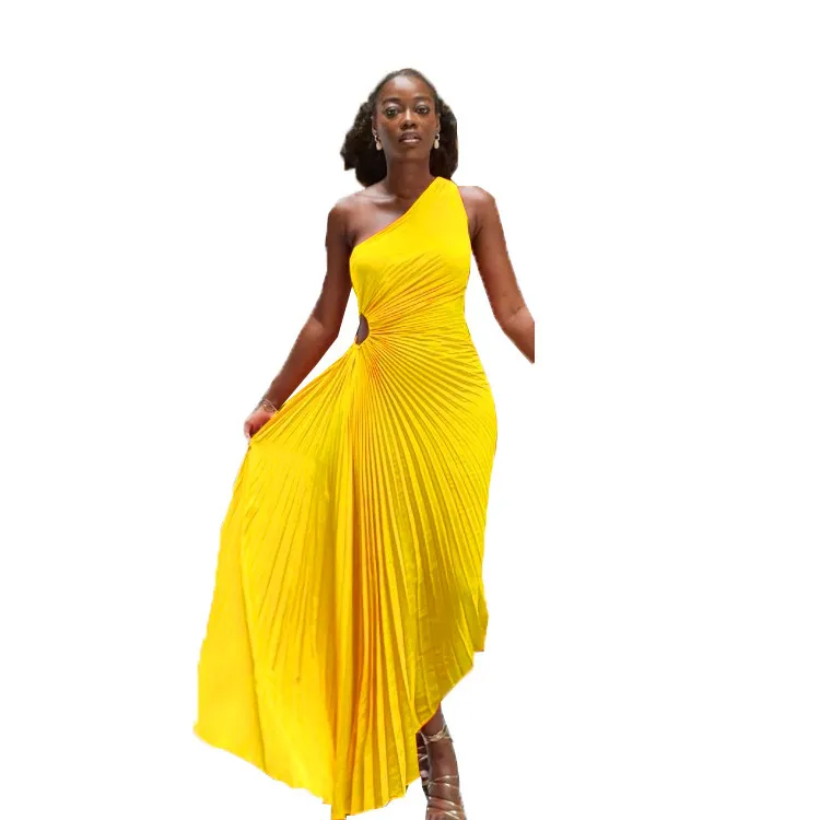 Women Fashion One Shoulder Hollow Pressed Pleated Dress