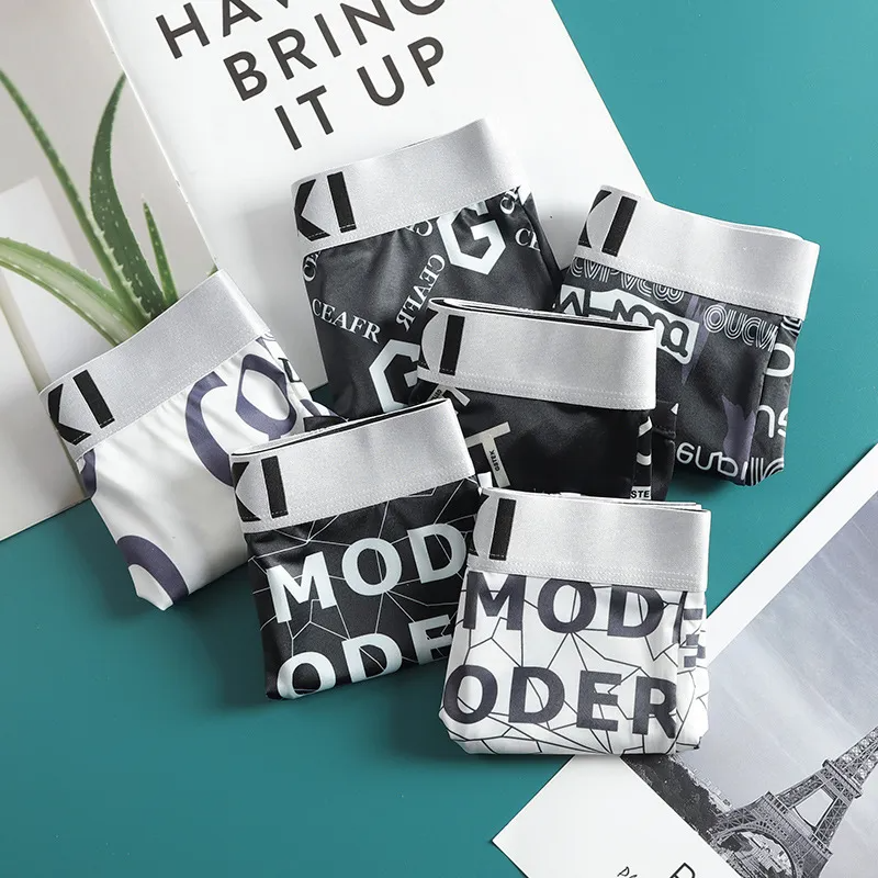 (Buy 1 Get 1) Men Fashion Casual Simple Letter Stripe Ice Silk Mid Waist Boxer Pants