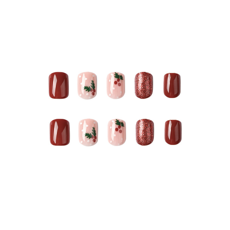 ( Buy 1 Get 2 ) Women Fashion Red Glitter Christmas Leaves Wearable False Nails