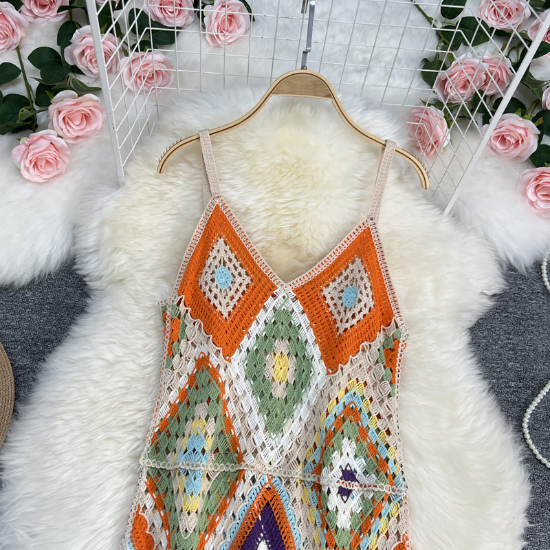 2 Pieces Women Fashion Summer Vacation Boho Style Color Blocking Knitted Sundress