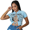 Women Summer Fashion Lace-Up Printed Short Sleeve Crop Top