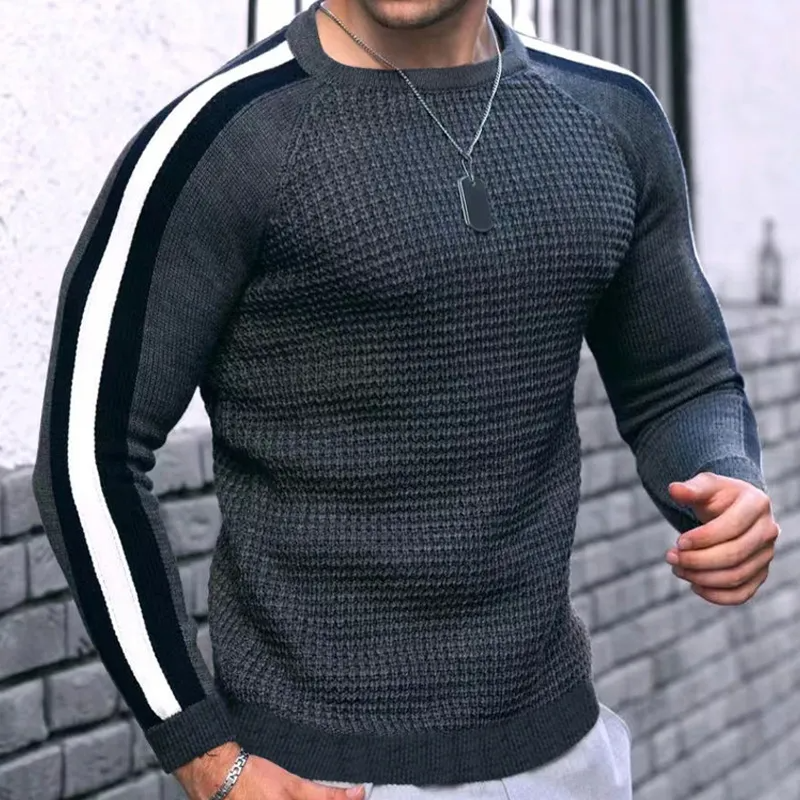 Men Autumn Winter Fashion Casual Simple Color Matching Round Neck Long Sleeve Knitted Shirt