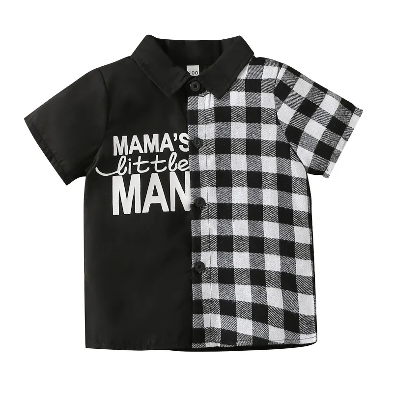 (Buy 1 Get 2) Toddlers Newborn Baby Fashion Boys Short Sleeve Patchworking Letter Plaid Print Shirt