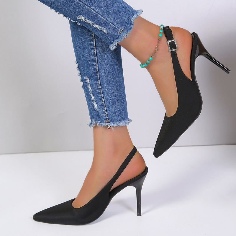 Women Fashion Plus Size Elegant Pointed Toe Strap Buckle Sling Back Stiletto Heel PU Sandals