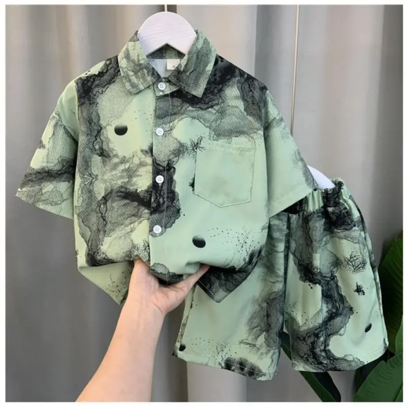Kids Toddler Big Boys Casual Cute Vacation Ink Print Short Sleeve Lapel Shirt Shorts Set