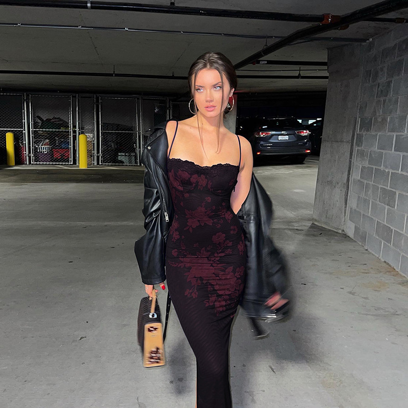 Women'S Fashion Sexy Retro Floral Printed Spaghetti Strap Slim Dress