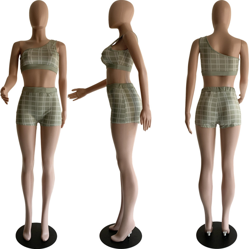 Women Vest One Shoulder Plaid Solid Color Top And Shorts Two Piece Set