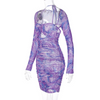 Women Fashion Sexy Mesh Printing Long Sleeve Creased Dress