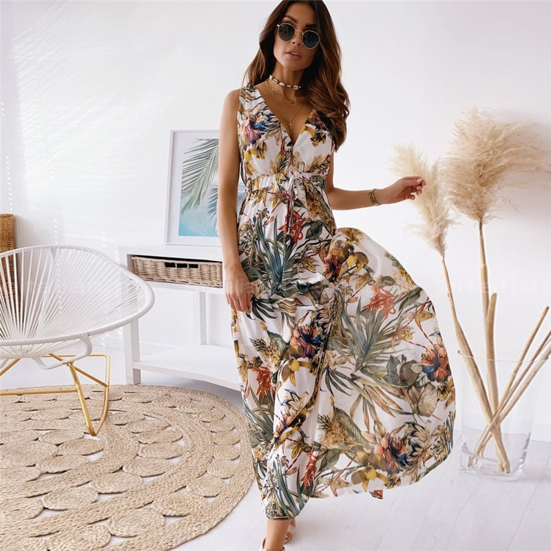 Women Fashion Flower Printing V Neck Dress
