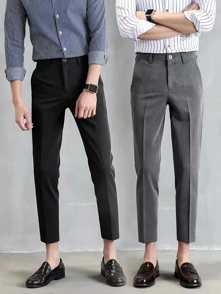(Buy 1 Get 1)  Men Basic Mid Waist Solid Color Crop Straight Suit Pants