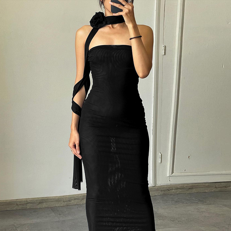 Women'S Fashion Sexy Mesh Floral Neck Tube Dress