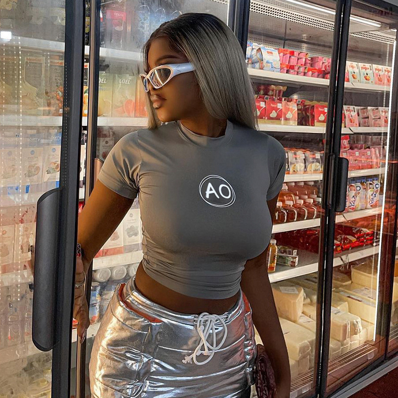 Fashion Women'S Alphabet Print Round Neck Skinny Casual Short Sleeve T-Shirt