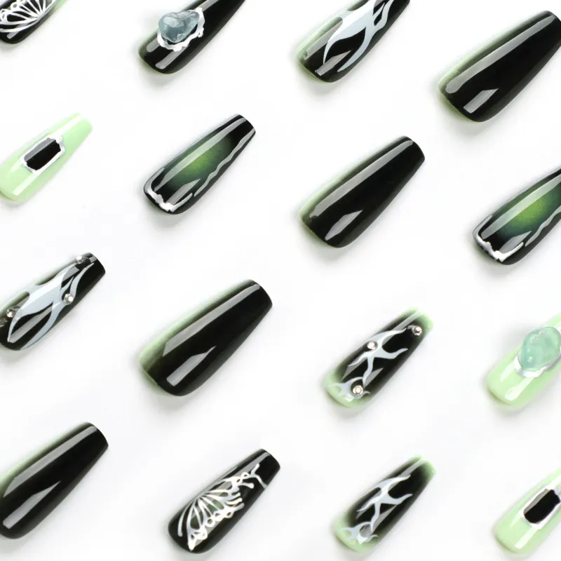 Women Fashion Long Rhinestone Butterfly Wings Wearable Fake Nails