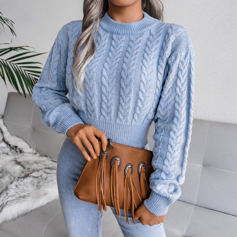 Fashion Casual Autumn Winter Solid Color Braided Long Sleeve Cropped Knitted Sweater