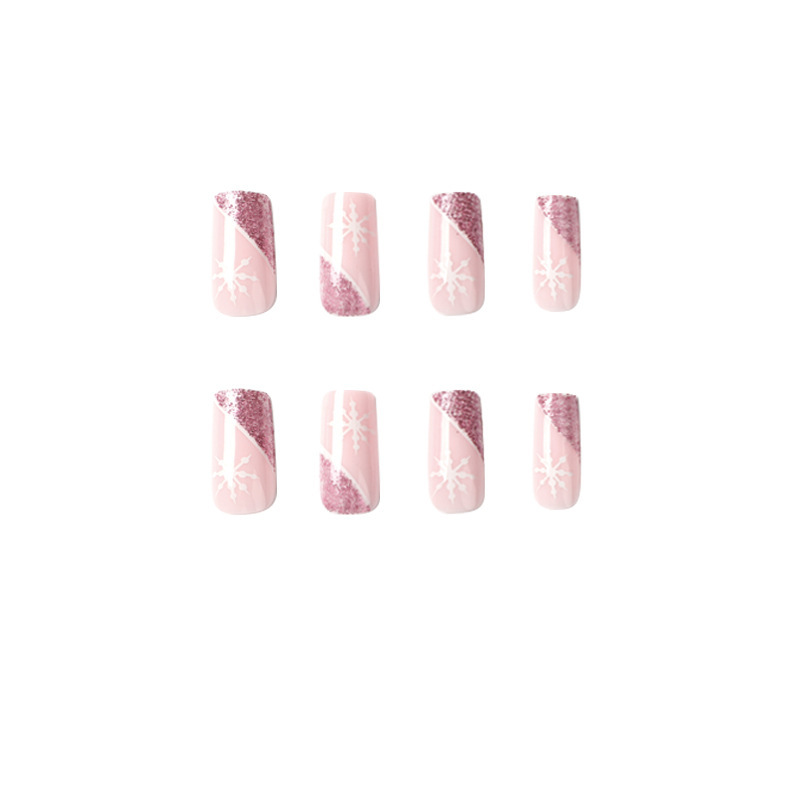 ( Buy 1 Get 2 ) Women Fashion Mid Length Pink Glitter Bevel Edge White Snowflake Wearable False Nails