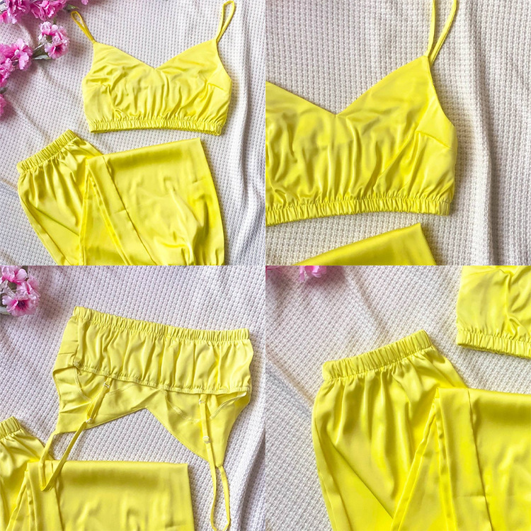 Women Cozy Solid Color Satin Camis And Pants Loungewear Pajamas Sleepwear Set